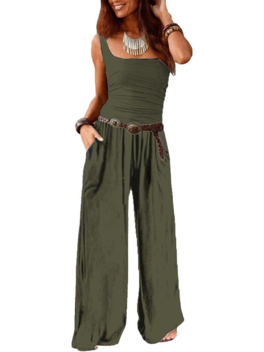 Women's Tank Green Summer Jumpsuit Sleeveless Wide Leg Long Romper With Pockets